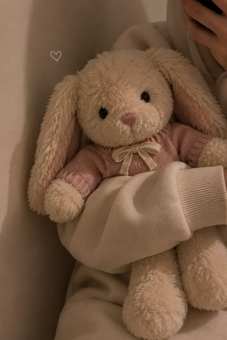 A plush bunny in a cozy evening setting